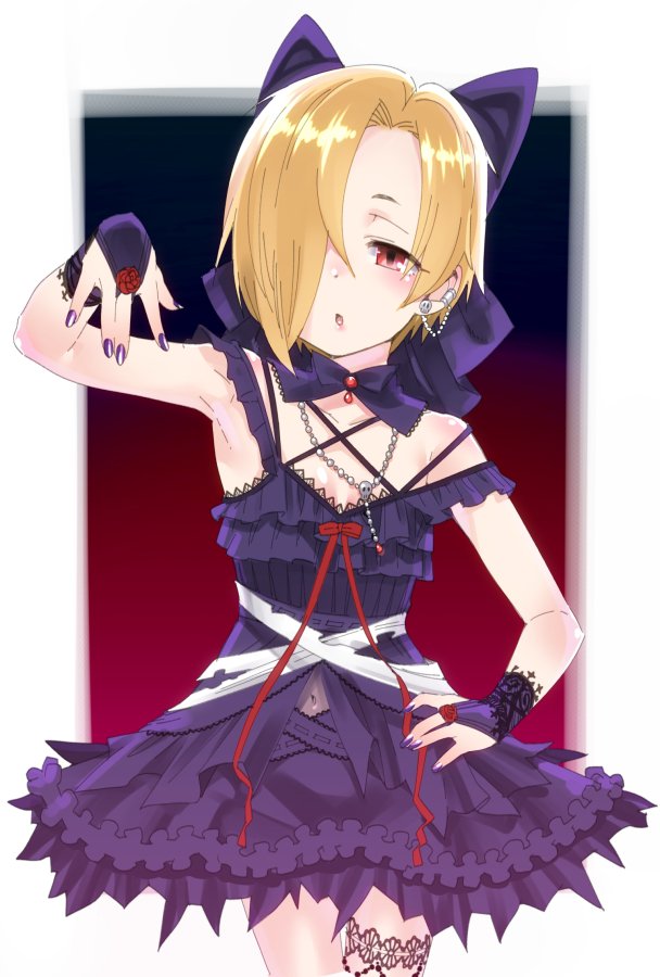 1girl arm_up bare_shoulders blonde_hair blush bow bridal_gauntlets choker cowboy_shot dress ear_piercing gengorou hair_bow hair_over_one_eye idolmaster idolmaster_cinderella_girls idolmaster_cinderella_girls_starlight_stage jewelry nail_polish navel necklace open_mouth piercing purple_bow purple_dress purple_nails purple_ribbon red_eyes red_ribbon ribbon ribbon_choker shirasaka_koume short_hair sleeveless sleeveless_dress solo thigh_strap