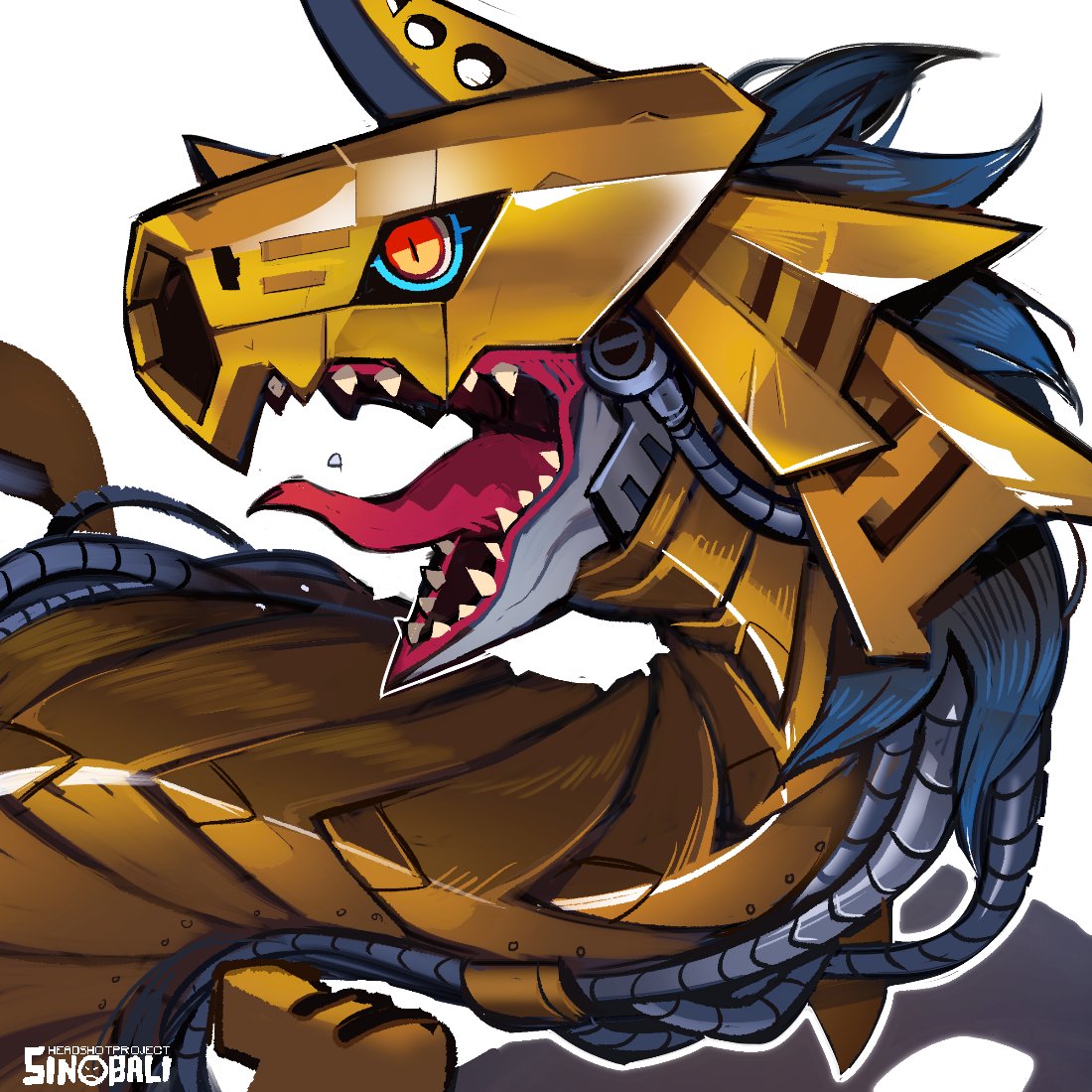 1other artist_name blue_hair cable digimon digimon_(creature) horns long_hair metalseadramon no_humans open_mouth orange_eyes portrait robot sea_serpent sharp_teeth simple_background sinobali solo teeth tongue white_background yellow_eyes