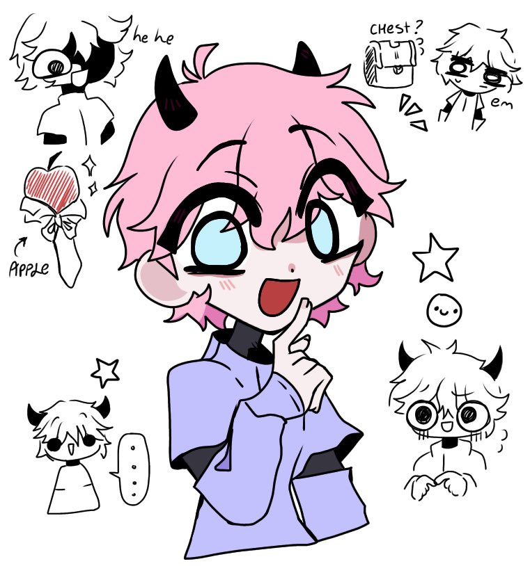 ... 1boy ahoge apple apple_(reverse:1999) black_sleeves black_undershirt blue_eyes blush confused detached_sleeves doodles flying_sweatdrops food fruit hair_between_eyes horns jinja_yagi jinja_yagi_(vtuber) looking_at_viewer messy_hair pink_hair reverse:1999 shaded_face smiley_face solo solo_focus star_(symbol) treasure_chest turtleneck vidalighost virtual_youtuber vsera