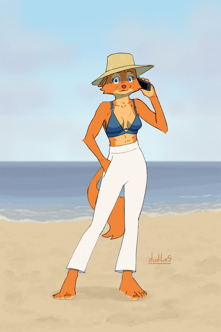 2023 5_toes anthro artist_name beach bikini bikini_top blue_bikini_top bottomwear breasts brimmed_hat canid canine cellphone cheek_tuft clear_sky cleavage clothed clothing collarbone diane_foxington dreamworks dudles eyebrows eyelashes facial_tuft feet female fluffy fluffy_tail fox fur hand_in_pocket hat headgear headwear holding_object holding_phone long_tail looking_at_viewer mammal multicolored_body multicolored_fur nails orange_body orange_fur pants phone pockets red_nose sand sea seaside sky smile smiling_at_viewer solo standing swimwear tail tan_body tan_fur tan_hat tan_headwear the_bad_guys toenails toes tuft water white_bottomwear white_clothing white_pants