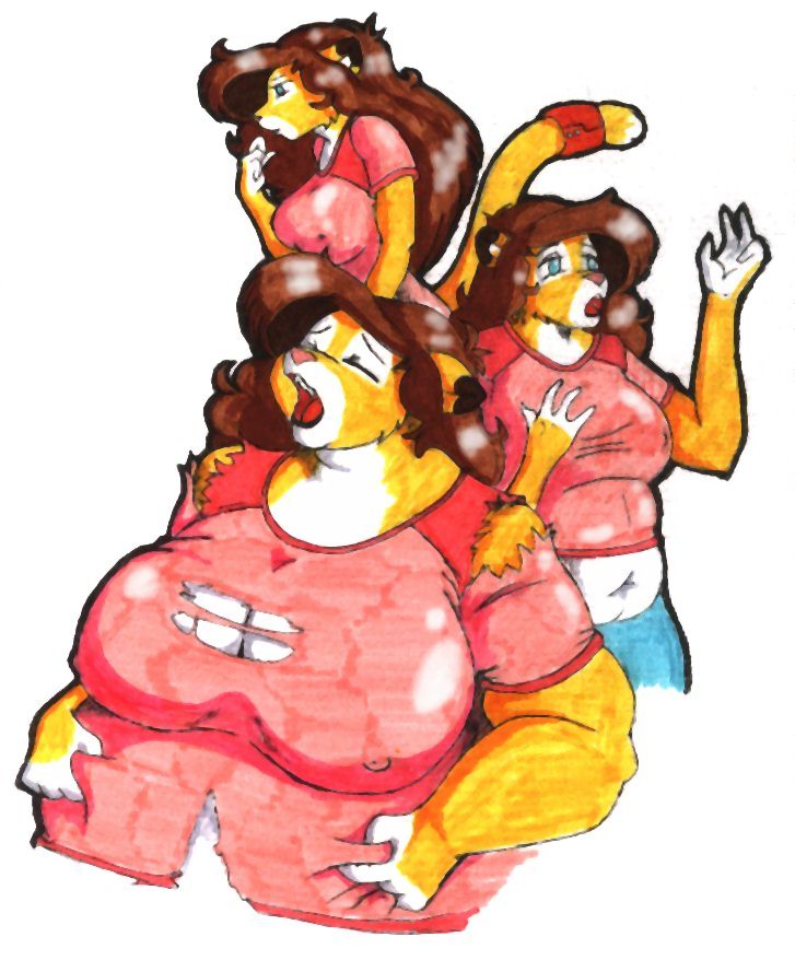 2006 accessory anthro belly big_belly big_breasts blue_eyes bottomwear breasts brown_hair clothing danellz deep_navel expansion eyes_closed felid female fur furgonomics hair huge_breasts jewelry kathy_(danellz) lion mammal multicolored_body multicolored_fur navel nipple_outline obese obese_anthro obese_female open_mouth overweight overweight_anthro overweight_female pantherine pants ring shirt solo tail tail_accessory tail_jewelry tail_ring topwear torn_clothing torn_shirt torn_topwear traditional_media_(artwork) two_tone_body two_tone_fur weight_gain