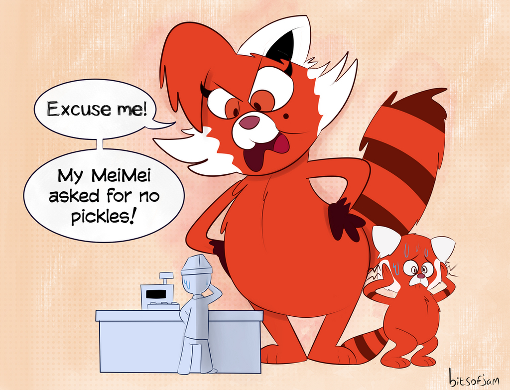 ailurid ambiguous_gender angry anthro beauty_mark bitsofjam bodily_fluids dialogue disney embarrassed english_text female fur group human looking_down mammal meilin_lee_(turning_red) ming_lee_(turning_red) pixar red_body red_fur red_panda size_difference sweat text trio turning_red
