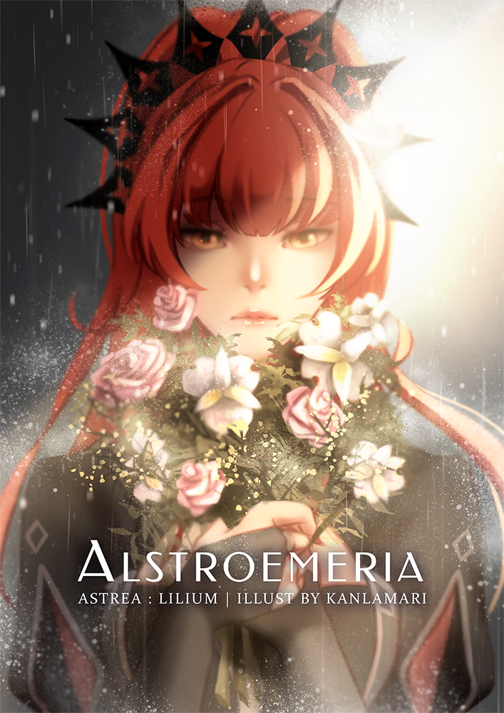 1girl alstroemeria_(flower) arm_cutout artist_name astrea_(game) black_headwear black_jacket bouquet character_name commentary copyright_name crown english_commentary english_text flower high_ponytail holding holding_bouquet jacket jewelry kanlamari lens_flare lilium_(astrea) long_hair looking_at_flowers parted_lips pink_flower pink_lips pink_rose rain red_hair ring rose sleeves_past_wrists solo thorns upper_body watermark white_flower yellow_eyes