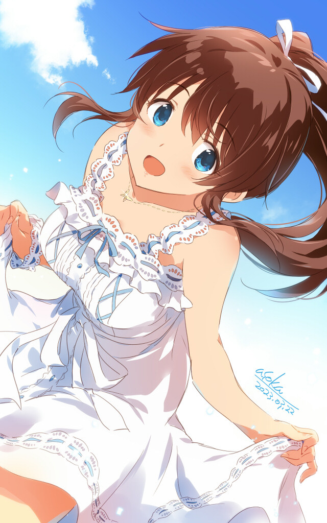 1girl :d artist_name asoka blue_eyes blue_ribbon blush bow breasts brown_hair cloud cloudy_sky collarbone dated day dress frilled_dress frills hair_bow holding holding_clothes holding_skirt idolmaster idolmaster_million_live! idolmaster_million_live!_theater_days jewelry leaning_forward looking_at_viewer medium_breasts necklace open_mouth ponytail ribbon satake_minako sidelocks skirt sky smile solo white_dress white_ribbon white_wristband