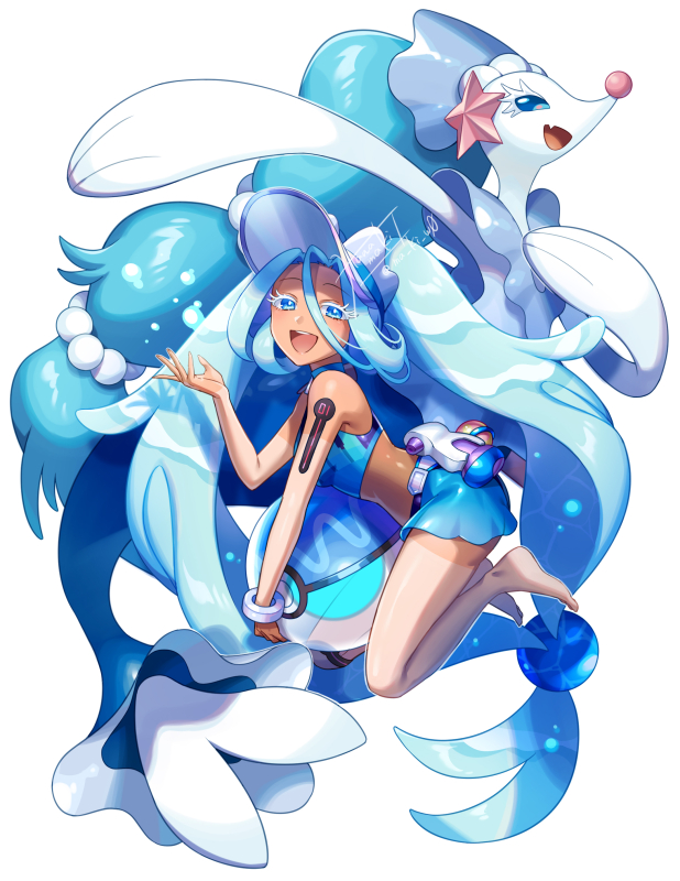 1girl :d aqua_hair ball beachball blue_eyes colored_eyelashes commentary_request crossover eyelashes gloves hair_between_eyes hand_up hatsune_miku holding kamuinii long_hair looking_at_viewer open_mouth pokemon pokemon_(creature) primarina project_voltage single_glove smile swimsuit tan tanlines teeth tongue twintails upper_body upper_teeth_only visor_cap vocaloid white_background