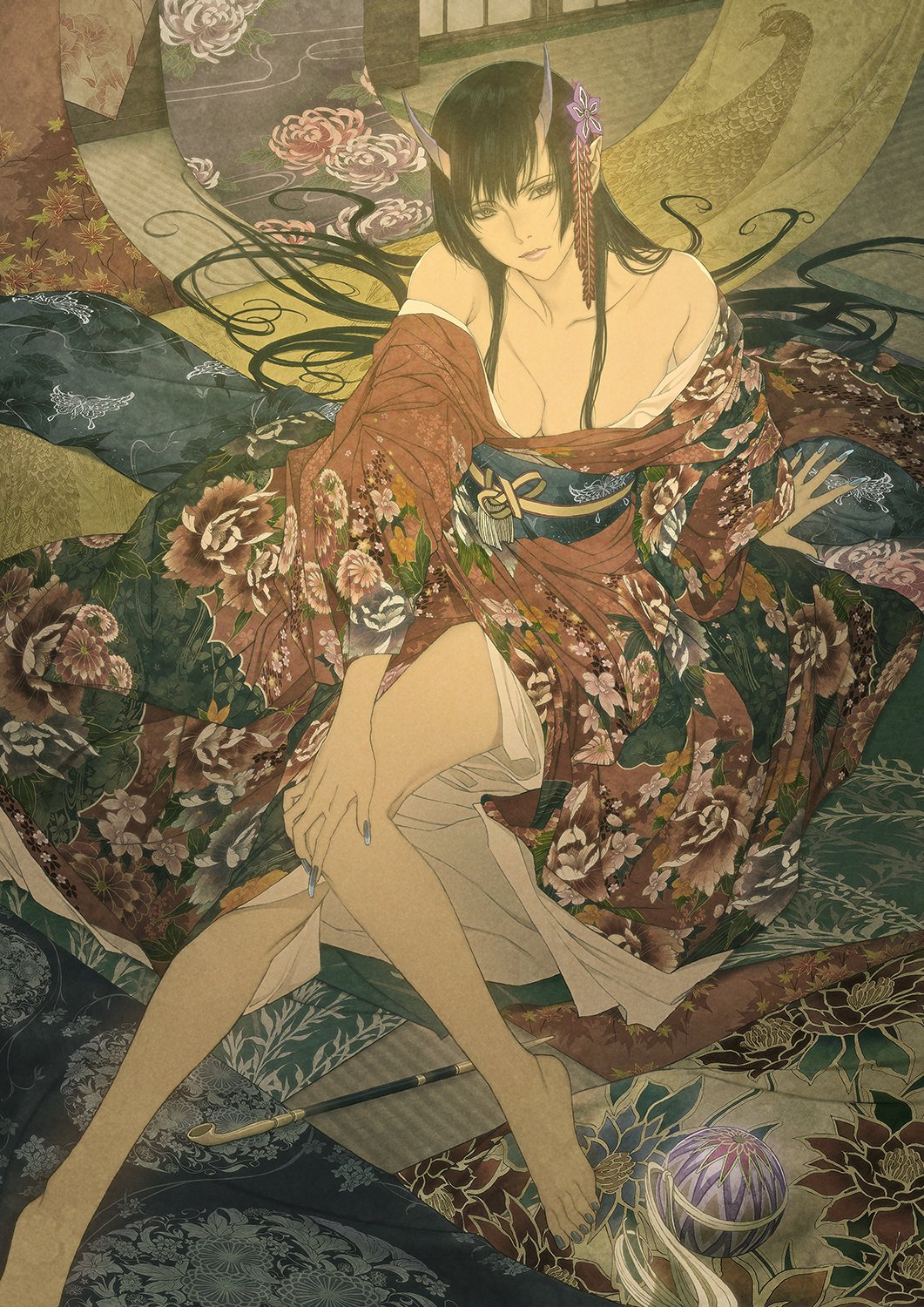 1girl ball bare_shoulders barefoot black_hair blue_nails breasts cleavage collarbone commentary_request feet_out_of_frame fingernails floral_print hair_ornament highres homare_(fool's_art) horns indoors japanese_clothes kanzashi kimono kiseru long_fingernails long_hair nail_polish obi obijime off_shoulder oni orange_eyes original photoshop_(medium) pink_lips purple_lips revision sash sitting smoking_pipe solo tatami temari_ball toenail_polish toenails tsumami_kanzashi