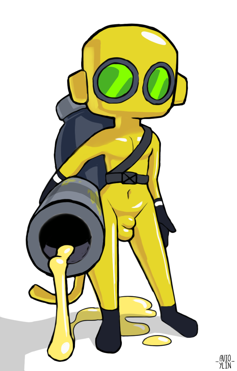 anthro avioylin bloons_tower_defense bulge clothed clothing fully_clothed genital_outline glue glue_gunner haplorhine hi_res latex male mammal mask monkey ninja_kiwi penis_outline primate rubber rubber_clothing rubber_suit simple_background solo weapon