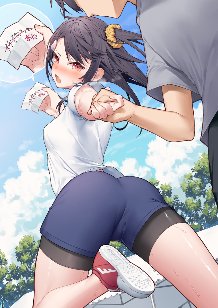 1boy 1girl ass bike_shorts black_hair blue_shorts blush borrowing_race breasts broken_heart brother_and_sister cameltoe cloud commentary_request faceless faceless_male fang floating_hair grey_shirt gym_shirt gym_shorts gym_uniform hair_ornament hair_scrunchie heart heart_hair_ornament holding holding_hands holding_paper long_hair looking_back medium_breasts munakata_hinano note one_side_up open_mouth original outdoors paper red_eyes red_footwear running scavenger_hunt scrunchie shirt shoes shorts siblings sneakers sports_festival sweat tokuno_yuika white_footwear white_shirt yellow_scrunchie zoom_layer