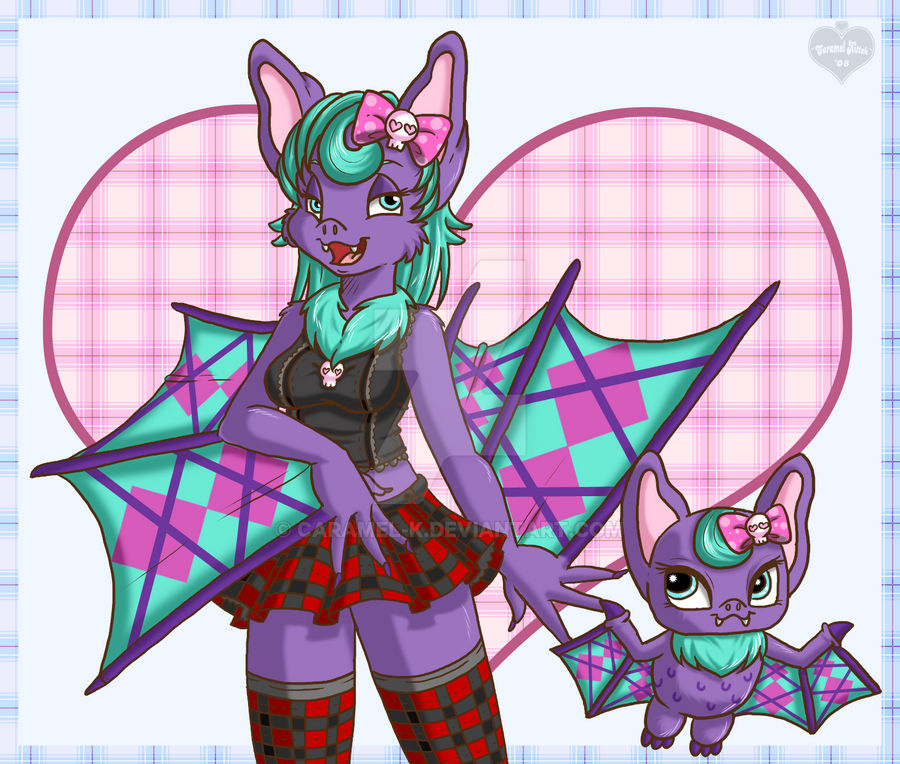 accessory anthro anthrofied bangs bat body_hair bone bottomwear bow_ribbon breasts caramel-kitteh chest_hair clawed_fingers claws clothing crop_top duo eyebrows eyelashes fangs female feral fur green_hair hair hair_accessory hair_bow hair_ribbon hasbro humanoid_hands legwear lidded_eyes littlest_pet_shop mammal membrane_(anatomy) membranous_wings miniskirt open_mouth open_smile pleated_skirt prick_ears punkiest_bat purple_body purple_fur ribbons shirt skirt skull smile teeth thigh_highs tight_clothing toe_claws topwear winged_arms wings