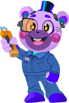 alpha_channel anthro bear blue_clothing buckteeth clothing corrupted digital_creature electroshock_weapon five_nights_at_freddy's five_nights_at_freddy's:_security_breach_ruin footwear happy helpi_(fnaf) lineless low_res male mammal official_art pink_body pink_cheeks purple_clothing purple_footwear purple_shoes scottgames shaded shoes simple_shading simple_style solo taser teeth unknown_artist weapon yellow_eyes