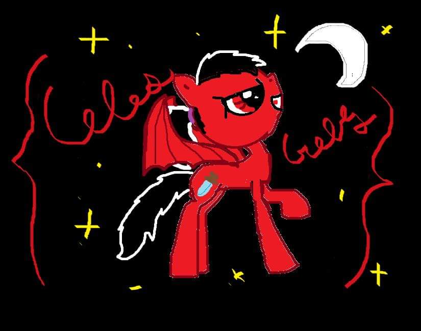accessory bat_wings black_background black_hair cutie_mark date_unknown digital_drawing_(artwork) digital_media_(artwork) english_text equid equine fan_character female feral fur gargoyle hair hair_accessory hairband hasbro horse knife mammal membrane_(anatomy) membranous_wings microsoft_paint moon my_little_pony night pegacousin pegacousin_(pegacousin) pegasus pony red_body red_fur simple_background solo sparkles text what wings
