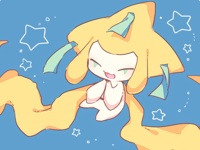 animal_focus blue_background closed_eyes colored_skin facial_mark inuowour jirachi no_humans open_mouth pokemon pokemon_(creature) simple_background star_(symbol) tanzaku white_skin