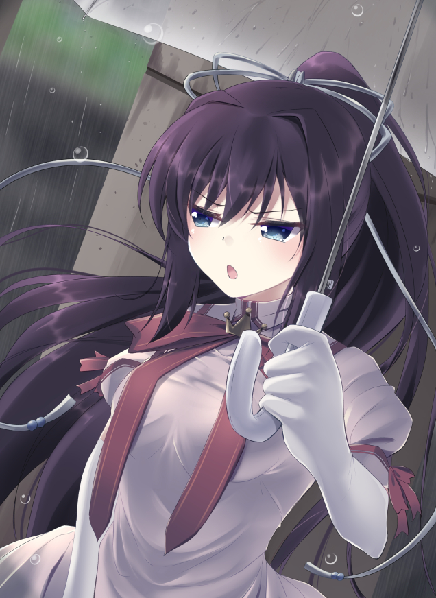 1girl black_hair blue_eyes blue_ribbon commentary_request dress dutch_angle elbow_gloves eyelashes floating_hair foreshortening gloves hair_between_eyes hair_intakes hair_ribbon holding holding_umbrella kazamatsuri_institute_high_school_uniform konohana_lucia light_blush long_hair looking_to_the_side open_mouth pink_dress ponytail pov puffy_short_sleeves puffy_sleeves rain rewrite ribbon school_uniform short_sleeves shy solo tagame_(tagamecat) thick_thighs thighs umbrella upper_body v-shaped_eyebrows very_long_hair water_drop