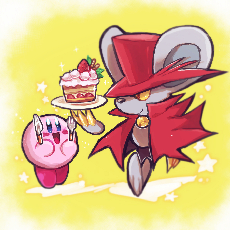 :d bell blue_eyes blush blush_stickers cake cake_slice cape chiimako claws closed_mouth collared_cape colored_sclera commentary_request daroach food fork fruit hand_up hands_up happy hat holding holding_fork holding_knife holding_plate jingle_bell kirby kirby_(series) knife looking_at_another neck_bell no_humans nose_blush open_mouth plate red_cape red_eyes red_headwear simple_background smile smirk sparkle star_(symbol) strawberry strawberry_shortcake wafer_stick yellow_background yellow_sclera