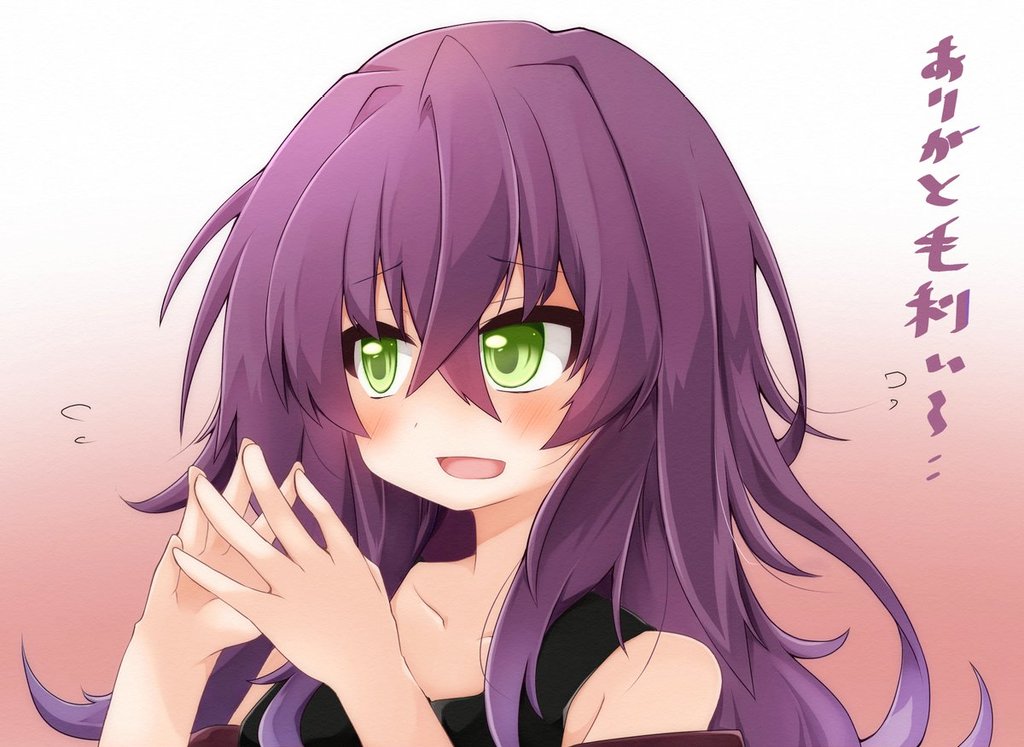 1girl bare_shoulders black_tank_top blush collarbone commentary_request flying_sweatdrops gift_art gradient_background green_eyes kotu_zgmf long_hair messy_hair mouri_toushirou_(tenka_hyakken) open_mouth purple_hair raised_eyebrows solo steepled_fingers tank_top tenka_hyakken upper_body