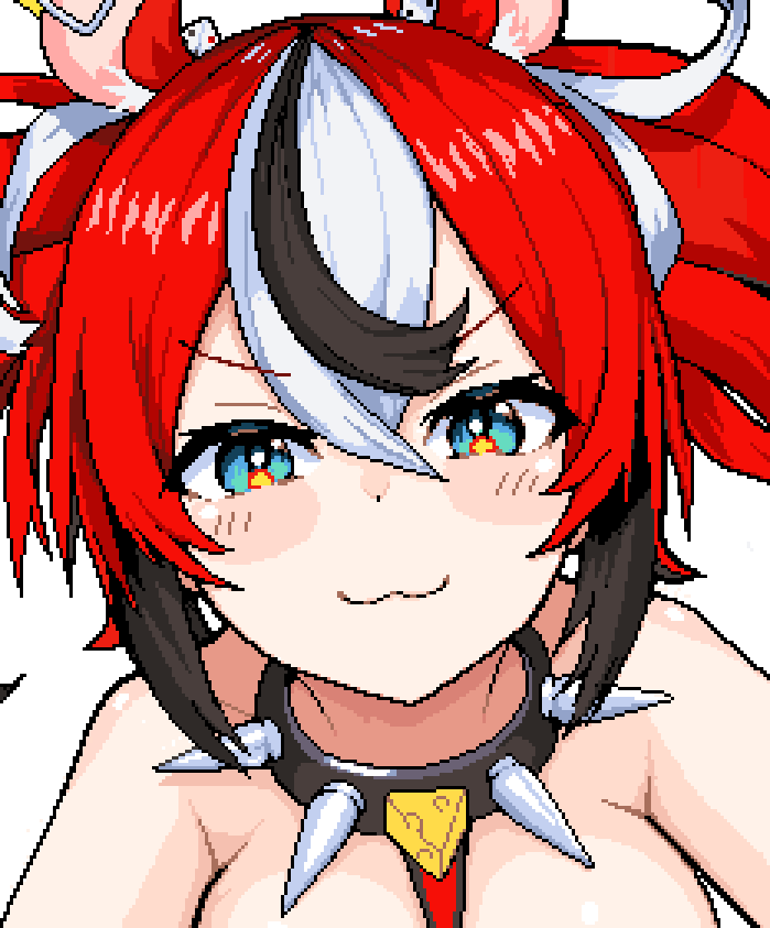 1girl animal_ears black_hair blue_eyes blush breasts cheese choker close-up dice food hakos_baelz hololive large_breasts looking_at_viewer mouse_ears multicolored_hair red_hair simple_background smile solo upper_body virtual_youtuber white_background white_hair zou_eita