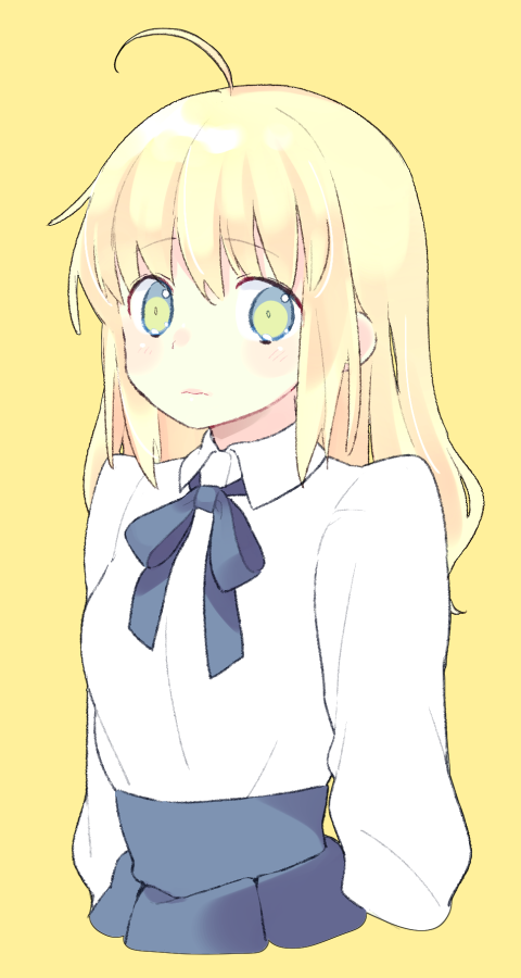 1girl 87banana ahoge alternate_hairstyle artoria_pendragon_(fate) blonde_hair blouse blue_bow blue_skirt bow fate/stay_night fate_(series) green_eyes hair_down saber shirt simple_background skirt solo upper_body white_shirt yellow_background