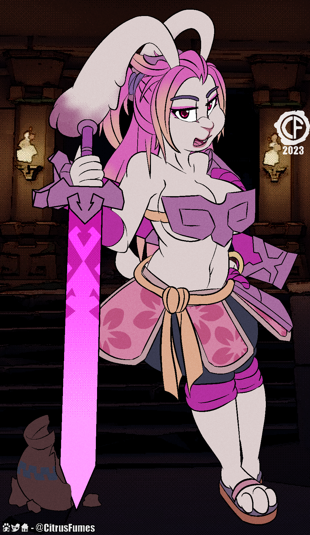 2023 accessory anthro armor breasts citrusfumes clothed clothing curvy_figure digital_media_(artwork) female footwear fur great_sword gunfire_reborn hair hair_accessory hairband hi_res lagomorph looking_at_viewer mammal melee_weapon open_mouth pink_hair pottery sandals simple_background solo sword tail tao_(gunfire_reborn) text tongue weapon weapon_sheath white_body