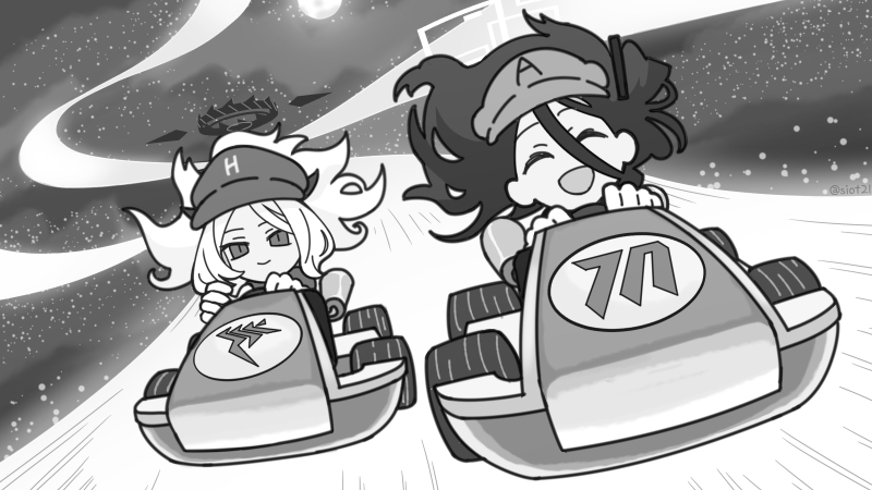 2girls ^_^ absurdly_long_hair ahoge aris_(blue_archive) blue_archive cabbie_hat closed_eyes commentary demon_girl demon_horns driving go-kart greyscale hair_between_eyes halo hat hina_(blue_archive) horns long_bangs long_hair looking_at_another looking_at_viewer mario_(series) mario_kart mildtaste monochrome multiple_girls parted_bangs rainbow_road sidelocks sky star_(sky) starry_sky symbol-only_commentary very_long_hair wavy_hair