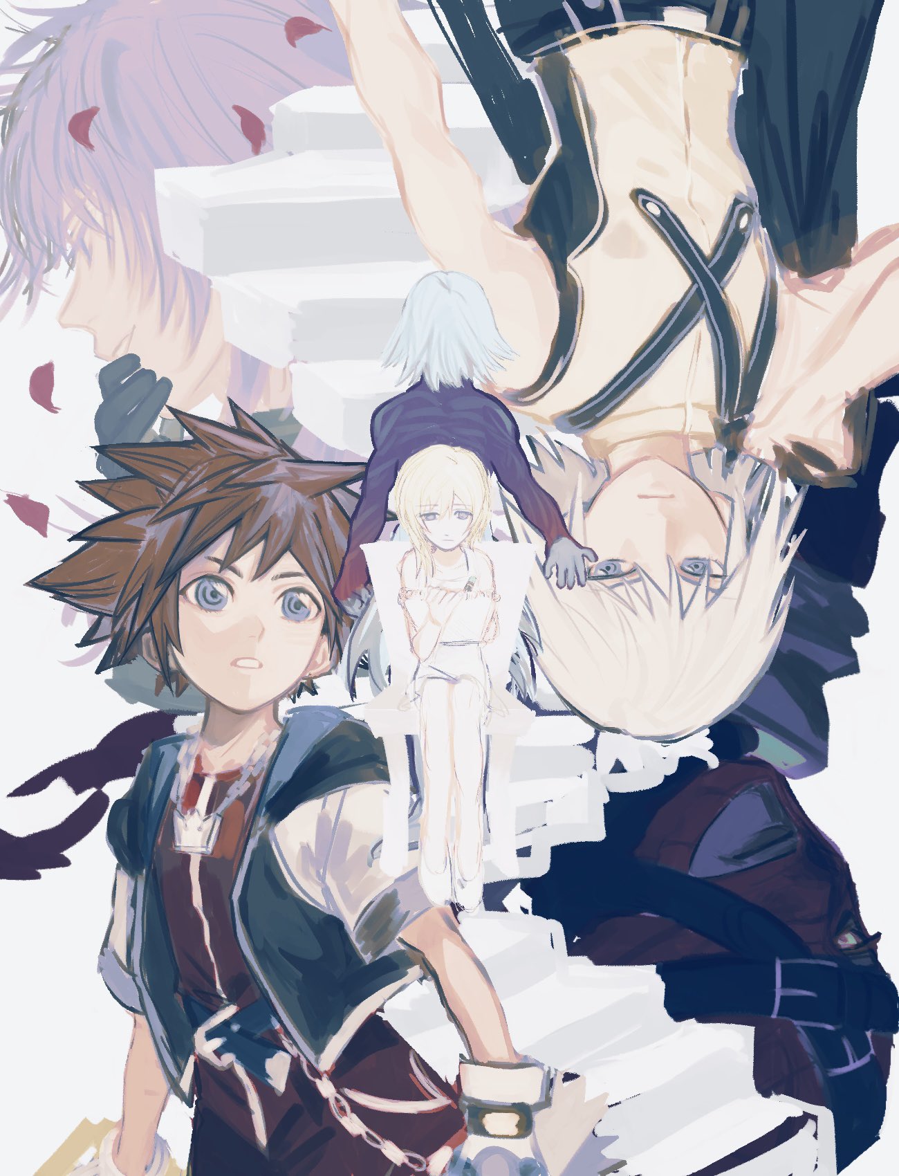 1girl 5boys belt belt_buckle black_gloves black_headwear black_jacket blonde_hair blue_belt blue_eyes bodysuit brown_hair buckle chain chair crown diz drawing dress facing_away falling_petals floating_stairs frown gloves grin hand_to_own_mouth highres holding holding_sketchbook jacket jewelry jumpsuit keyblade kingdom_hearts kingdom_hearts_chain_of_memories light_frown marluxia mask medium_hair multiple_belts multiple_boys namine necklace nishinsobha on_chair open_clothes open_jacket parted_lips petals pink_hair red_jumpsuit riku_(kingdom_hearts) sad serious shirt shoes short_hair short_sleeves sitting sketchbook sleeveless smile sora_(kingdom_hearts) spaghetti_strap spiked_hair stairs standing white_dress white_footwear white_gloves white_hair yellow_eyes yellow_shirt