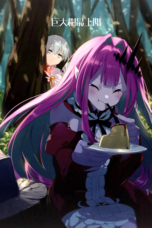 2girls baobhan_sith_(fate) bare_shoulders black_ribbon blue_eyes blush center_frills closed_eyes commentary_request detached_collar detached_sleeves dress eating echo_(circa) fate/grand_order fate_(series) food forest frills grey_hair hair_intakes hair_ornament holding holding_plate long_hair morgan_le_fay_(fate) mother_and_daughter multiple_girls nature neck_ribbon plate pointy_ears pudding purple_hair red_dress ribbon sitting translation_request tree twitter_username