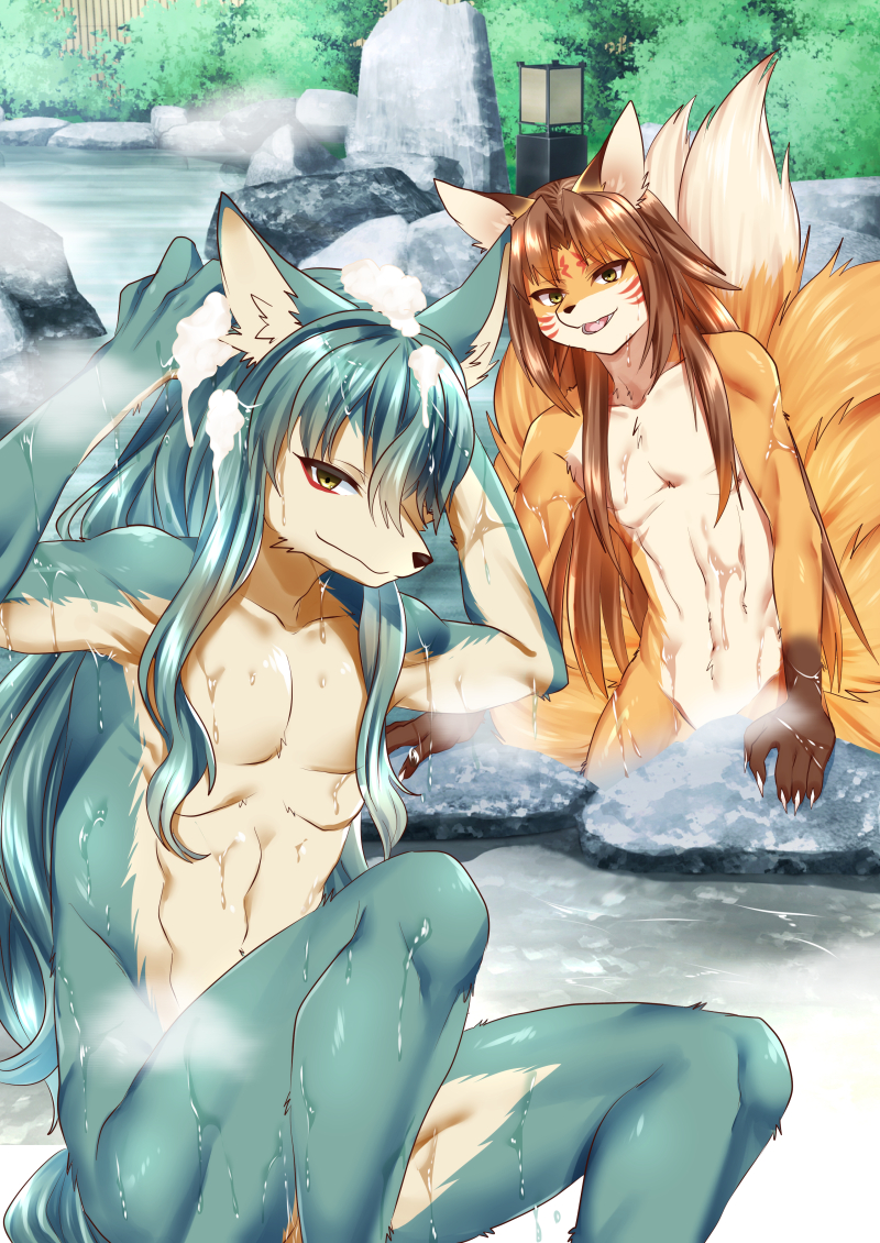 anthro bath bathing canid canine convenient_censorship duo fence foam fox fur fur_markings groin_covered hair hot_spring long_hair looking_at_viewer male mammal markings multi_tail muscular muscular_anthro muscular_male nude plant rock ruri_tsubame sitting smile smiling_at_viewer soap spring steam steaming tail tree water wet wet_body wet_fur