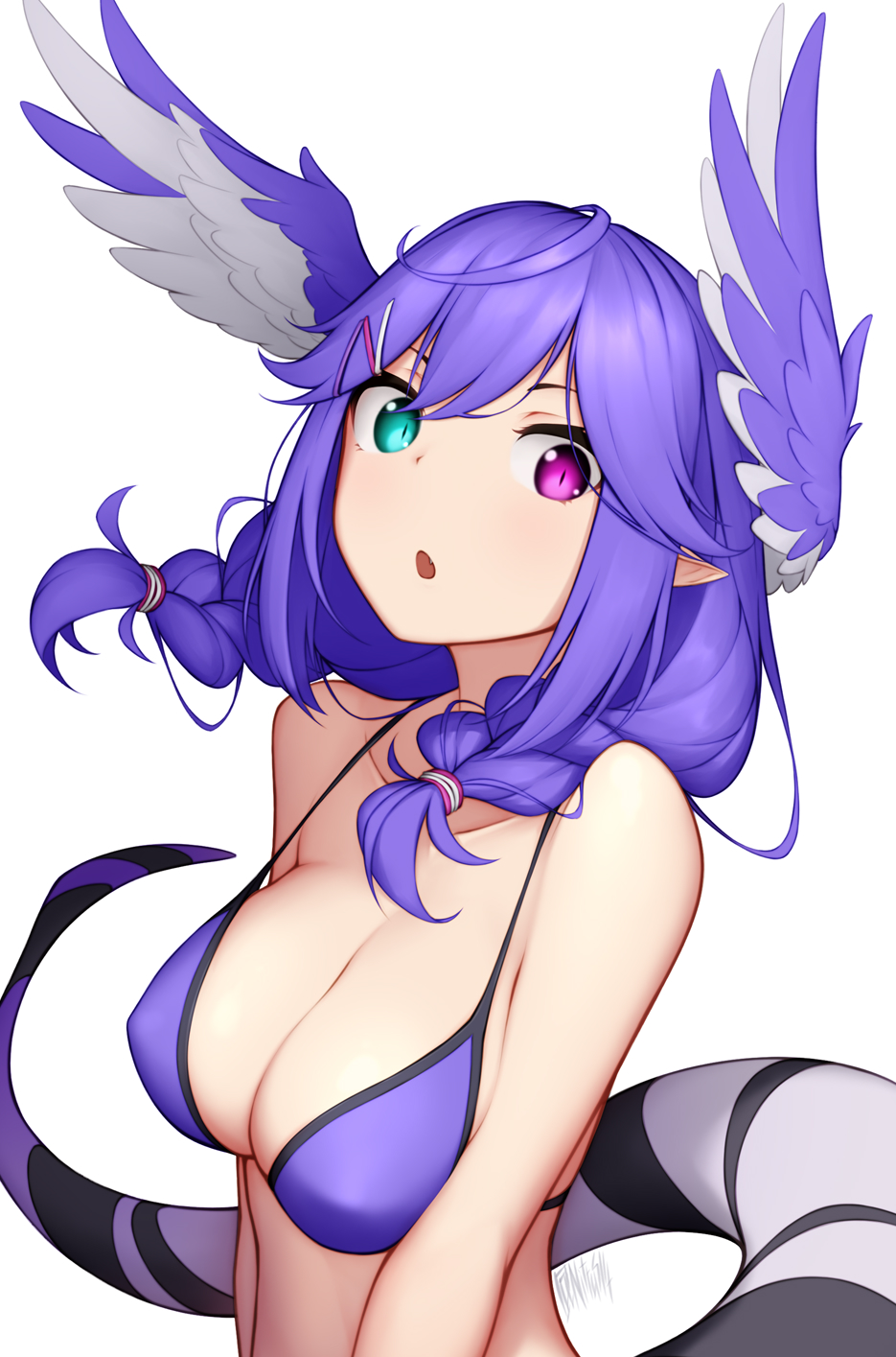 1girl :o bikini blue_eyes braid breasts dragon_tail fang hair_ornament hairclip head_wings heterochromia highres large_breasts looking_at_viewer nijisanji nijisanji_en nitrus open_mouth pointy_ears purple_bikini purple_eyes purple_hair selen_tatsuki simple_background solo swimsuit tail twin_braids upper_body virtual_youtuber white_background wings