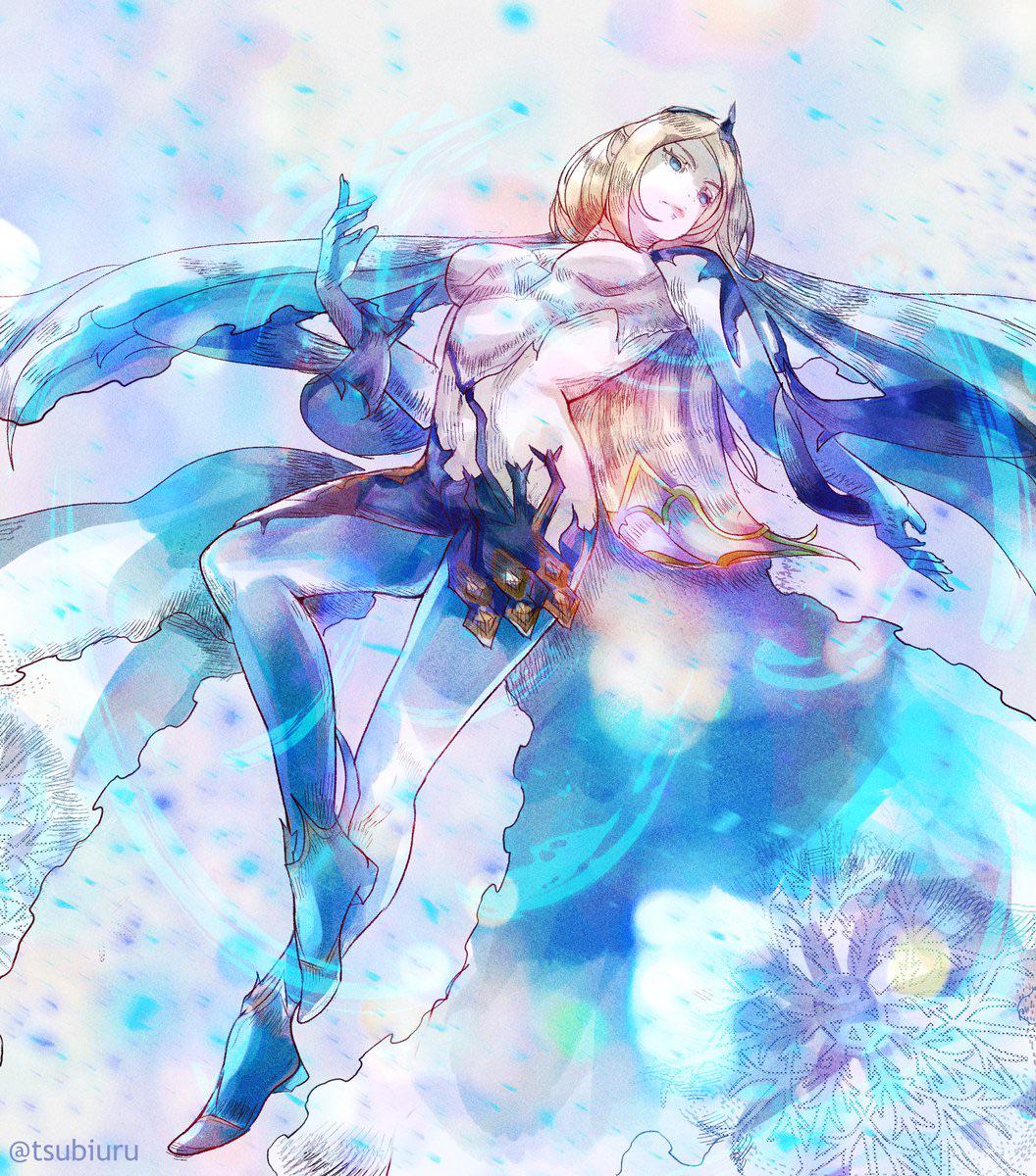 1girl blonde_hair blue_eyes blue_theme boots colored_skin crystal final_fantasy final_fantasy_xvi forehead_jewel high_heel_boots high_heels highres ice ice_crystal ice_shard jill_warrick long_hair pointy_ears possessed sara_lewis shiva_(final_fantasy) solo summoning tiara