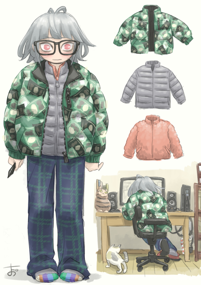 1girl arms_at_sides banknote_print blue_pants blush cat chiyo_maru closed_mouth commentary_request computer desk down_jacket equipment_layout glasses green_jacket green_pants grey_hair grey_jacket grey_socks holding holding_stylus jacket layered_clothes light_smile medium_hair messy_hair multiple_views on_chair open_clothes open_jacket original pants pink_eyes pink_jacket plaid plaid_pants print_jacket signature sitting sitting_sideways slippers socks speaker stylus swivel_chair two-tone_pants wide-eyed