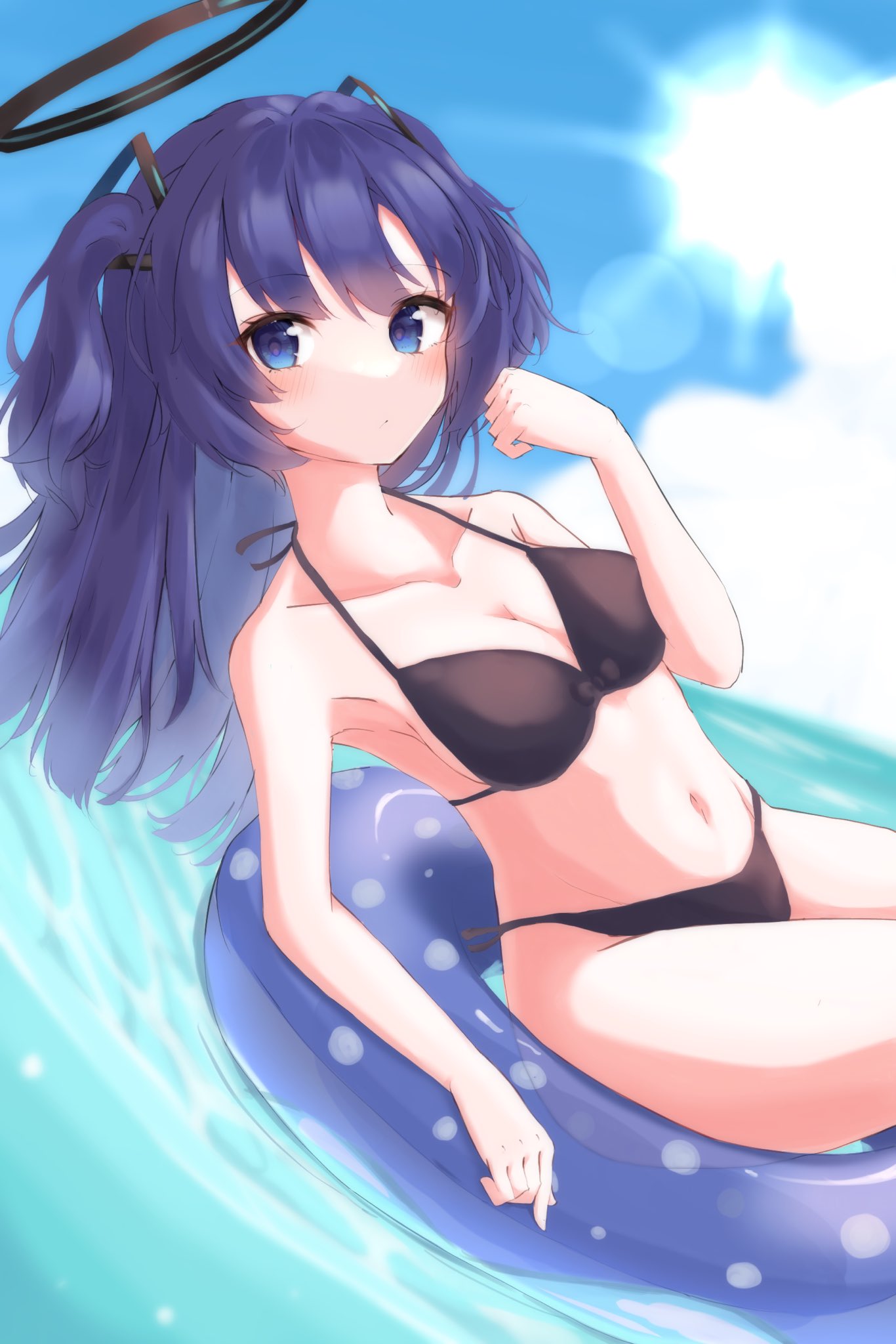 1girl bare_arms bare_legs bare_shoulders bikini black_bikini blue_archive blue_eyes blush breasts cleavage closed_mouth cloud cloudy_sky collarbone commentary cowboy_shot day halo highres innertube long_hair looking_at_viewer mechanical_halo medium_breasts navel noko_(nco029685627) purple_hair sky solo swimsuit two_side_up yuuka_(blue_archive)