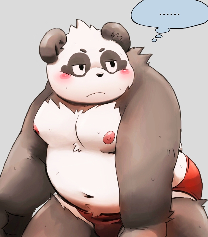 2023 anthro bear belly black_body black_nose blush bulge clothing ellipsis giant_panda kemono male mammal meg_hoi moobs navel nipples overweight overweight_male solo underwear white_body