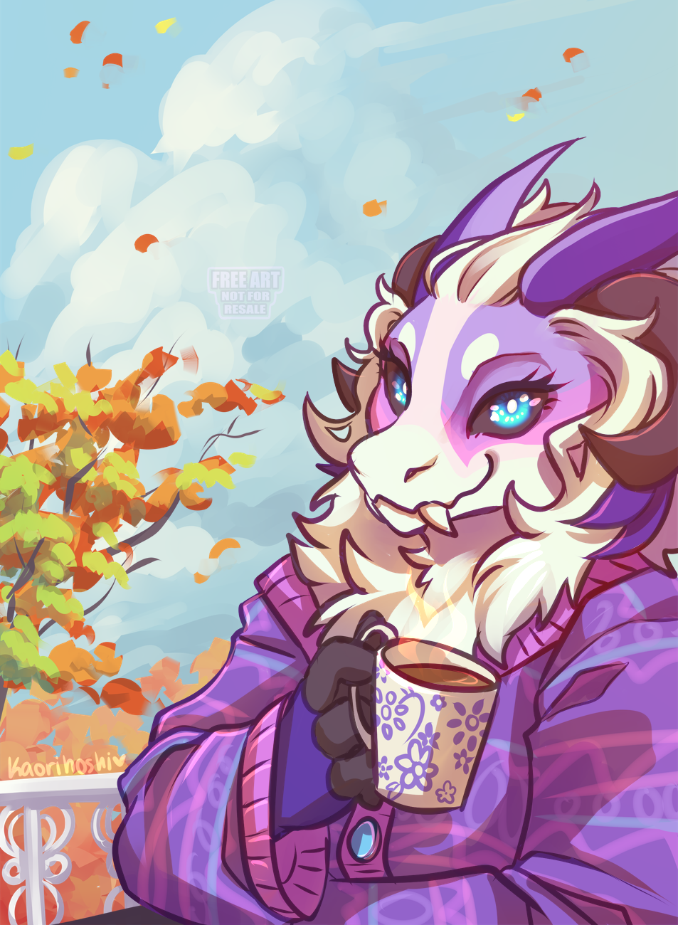 anthro autumn beverage black_sclera chubby_female clothing cloud container cup dragon fangs female fluffy fur half-length_portrait hi_res horn jacket kaorisorahoshi leaf looking_at_viewer multicolored_body multicolored_fur outside plant portrait sabertooth_(anatomy) slightly_chubby smile smiling_at_viewer solo sweater teeth topwear tree wickerbeast