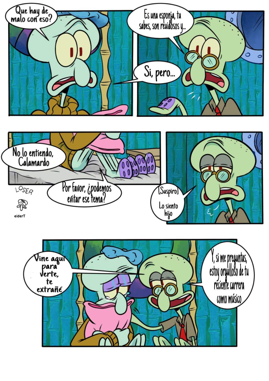 anthro bodily_fluids cephalopod coleoid detailed_background dialogue duo hi_res male marine mollusk nickelodeon octopodiform octopus on_model pancaketiffy pillow spanish_text speech_bubble spongebob_squarepants squidward_tentacles tears text toony