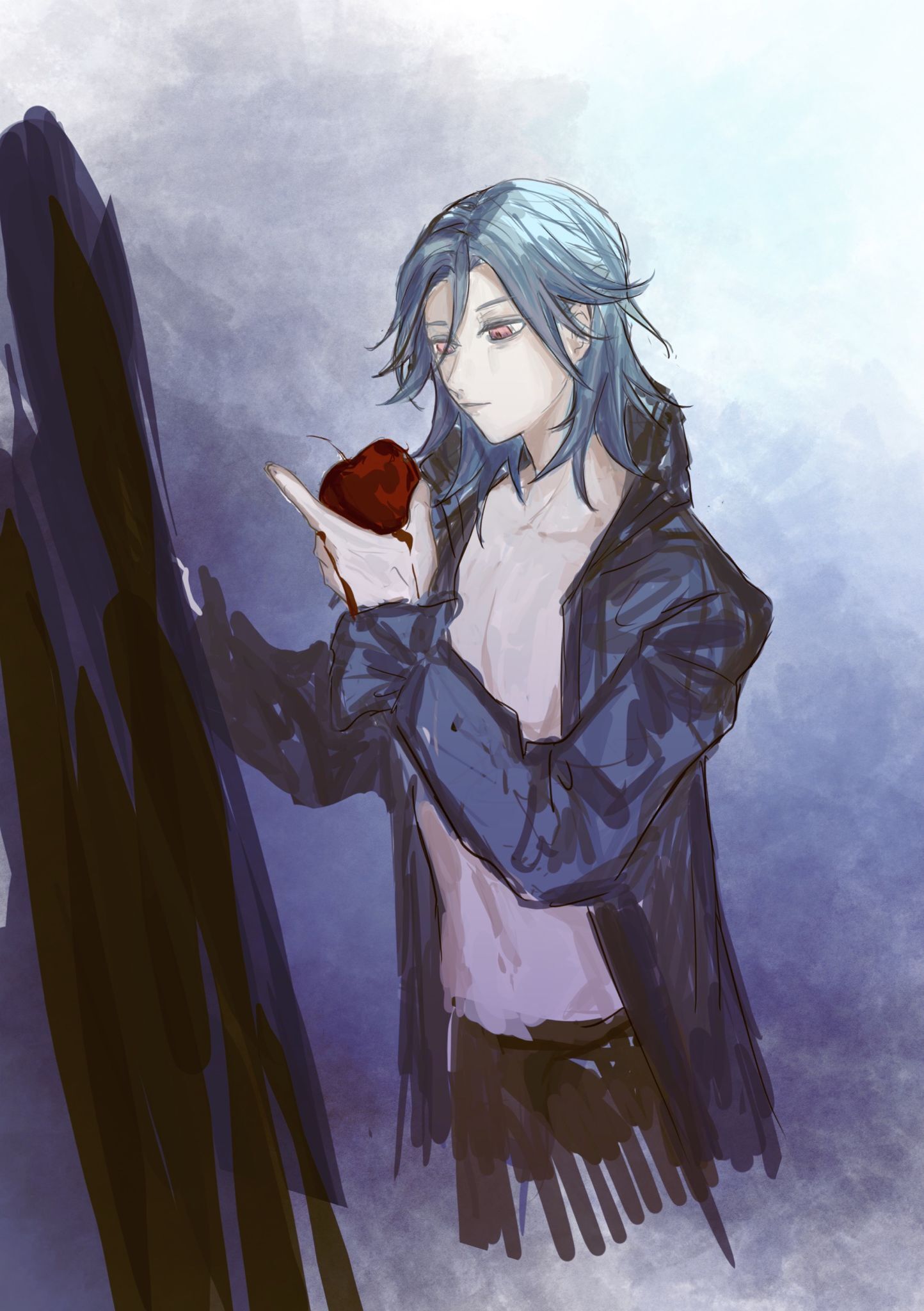1boy apple black_pants blood blood_on_hands blue_background blue_hair blue_shirt cropped_legs food frilled_sleeves frills fruit full-length_mirror gradient_background highres holding holding_food holding_fruit looking_at_food male_focus medium_hair mikaze_ai official_alternate_costume open_clothes open_shirt pants parted_bangs parted_lips red_eyes shirt shisi_(qh19984) sketch solo standing uta_no_prince-sama