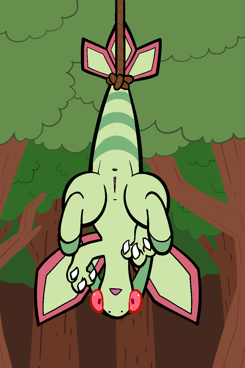 anus bound dragon female feral flygon generation_3_pokemon genitals hanging_by_tail hi_res membrane_(anatomy) membranous_wings nintendo nude open_mouth pokemon pokemon_(species) pussy rope solo surprise suspended_in_midair tail trout_(artist) upside_down wings