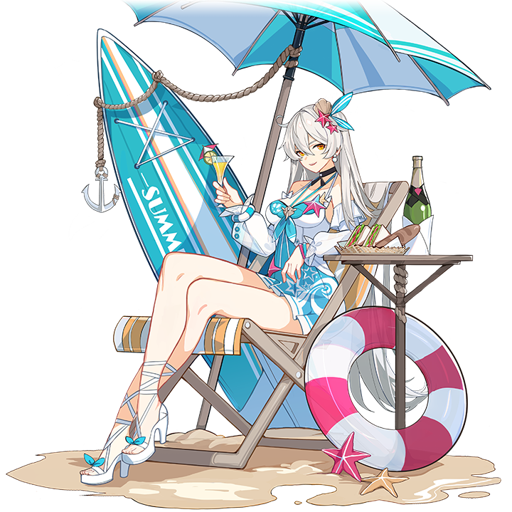 1girl alcohol bare_legs bare_shoulders beach_umbrella bottle bread breasts champagne champagne_bottle champagne_coupe cocktail_dress cup dress drink drinking_glass earrings food hair_ornament high_heels holding holding_cup holding_drink honkai_(series) honkai_impact_3rd jewelry kiana_kaslana kiana_kaslana_(herrscher_of_the_void) legs long_hair official_art ornament purple_hair sand sandwich shoes sitting star_(symbol) starfish summer surfboard third-party_source transparent_background umbrella white_hair wine_glass yellow_eyes