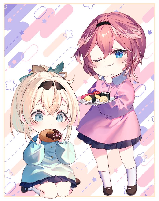 2girls aged_down aqua_eyes aqua_shirt black_footwear black_hairband black_skirt blonde_hair blue_eyes cake closed_mouth doughnut eating food hair_between_eyes hairband high_ponytail holding holding_plate hololive kazama_iroha long_bangs long_hair long_sleeves looking_at_viewer mary_janes multiple_girls one_eye_closed pink_shirt plate puffy_long_sleeves puffy_sleeves red_hair riichu shirt shoes short_hair sitting skirt socks standing sushi takane_lui virtual_youtuber wariza white_socks