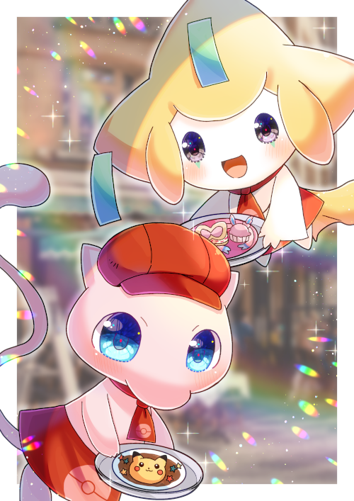 :d apron blue_eyes blurry blurry_background blush cabbie_hat commentary_request commission depth_of_field food hat holding holding_tray jirachi kou_hiyoyo mew_(pokemon) no_humans pikachu plate pokemon pokemon_(creature) purple_eyes red_apron red_headwear skeb_commission smile star_(symbol) tray
