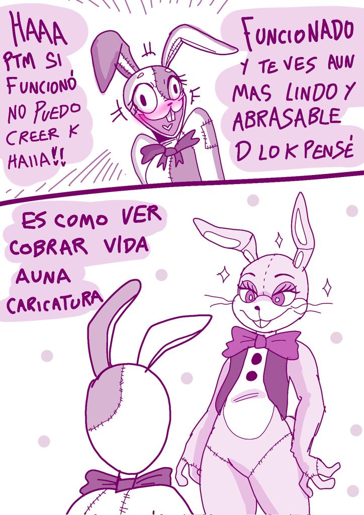 anthro blush bow_accessory buckteeth clothing comic dialogue duo female five_nights_at_freddy's glitchtrap happy lagomorph leporid male mammal rabbit renita_reed scottgames scut_tail short_tail simple_background smile spanish_text speech_bubble sweater tail teeth text topwear vanny_(fnaf) whiskers white_background