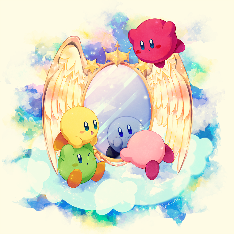 :o :t arms_up artist_name blue_eyes blush blush_stickers closed_mouth cloud commentary_request different_reflection dimension_mirror flying kirby kirby_(series) kirby_and_the_amazing_mirror kotori_(lycka) looking_at_another mirror multicolored_background no_humans on_cloud on_head one_eye_closed open_mouth reflection shadow_kirby simple_background sitting smile star_(symbol) twitter_username white_background