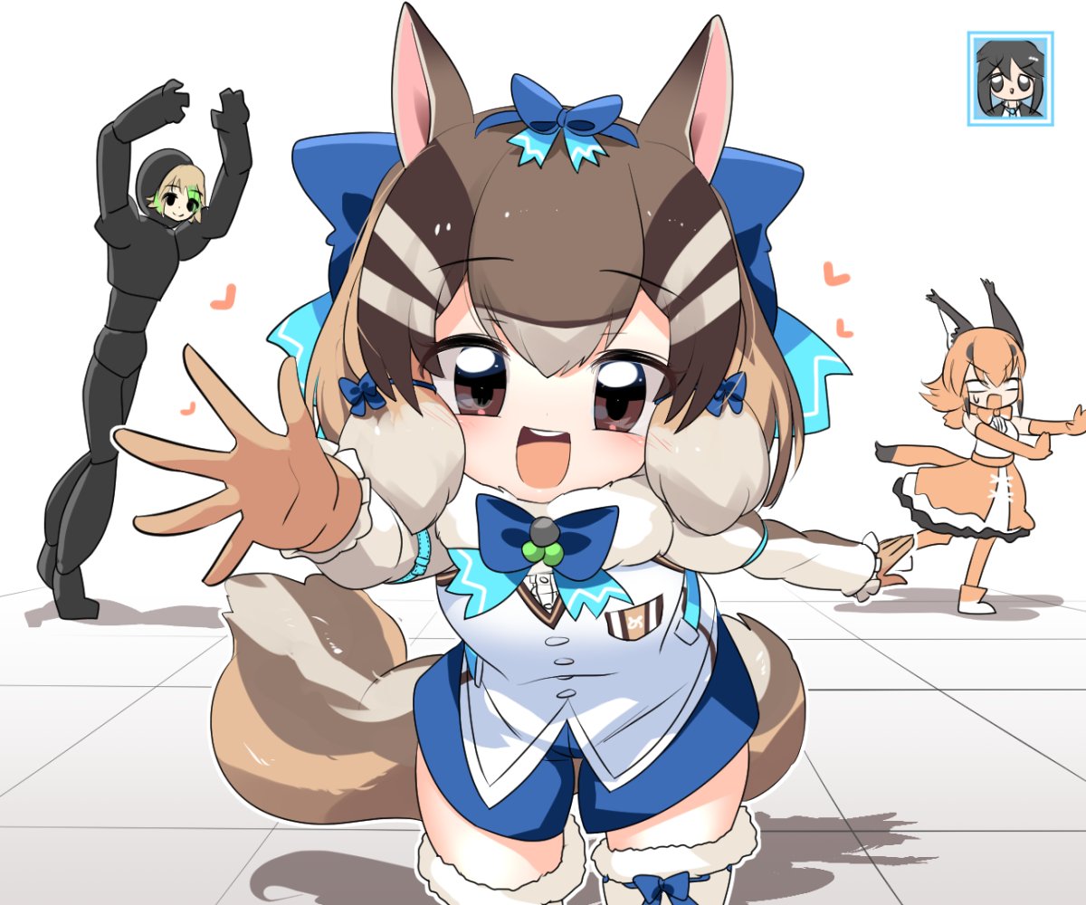 animal_ears black_eyes black_hair bow bowtie brown_eyes brown_hair caracal_(kemono_friends) cat_ears cat_girl cat_tail chipmunk_ears chipmunk_girl chipmunk_tail elbow_gloves extra_ears gloves heart kemono_friends kemono_friends_v_project kneehighs lets0020 long_hair looking_at_viewer microphone mokuroku nemui_kasuka nijisanji orange_hair ribbon shirt shoes short_hair shorts siberian_chipmunk_(kemono_friends) simple_background skirt sleeveless sleeveless_shirt socks sorahoshi_kirame tail vest virtual_youtuber