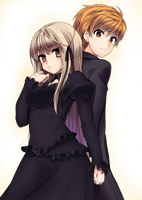 1boy 1girl :&lt; arm_at_side back-to-back black_dress black_ribbon blunt_bangs blush breasts cleavage_cutout closed_mouth clothing_cutout commentary couple cowboy_shot dress eyelashes eyes_visible_through_hair frilled_dress frilled_sleeves frills frown hair_between_eyes hair_ribbon hand_up hetero juliet_sleeves large_breasts light_brown_hair long_hair long_sleeves looking_at_viewer looking_back masayu official_alternate_costume orange_eyes orange_hair puffy_sleeves rewrite ribbon senri_akane short_hair sidelocks simple_background smile spiked_hair standing straight_hair tennouji_kotarou very_long_hair yellow_background yellow_eyes