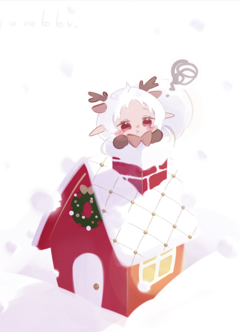 1girl animal_ears antlers bow brown_bow chibi chimney christmas christmas_wreath elf highres house mushoku_tensei ne_ko_ko pointy_ears pout red_eyes reindeer_antlers short_hair snow snowing solo squiggle sylphiette_(mushoku_tensei) white_background white_hair wreath