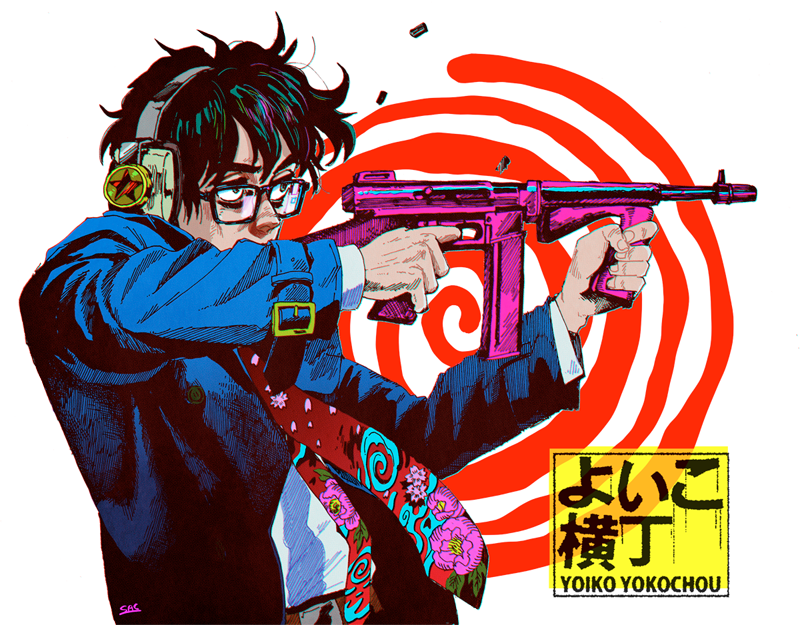 1boy black_hair covered_mouth ear_protection firing from_side glasses gun holding holding_gun holding_weapon jacket kaneoya_sachiko looking_ahead male_focus necktie original print_necktie shell_casing short_hair solo upper_body weapon weapon_request