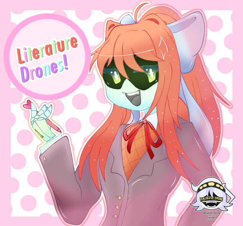 2023 4_fingers absolute_drone accessory alternate_species android artist_logo artist_name bow_ribbon clothing cosplay crossover crossover_cosplay doki_doki_literature_club! english_text female fingers green_eyes grey_tongue hair hair_accessory hair_bow hair_ribbon holding_object humanoid logo looking_at_viewer machine monika_(doki_doki_literature_club!) murder_drones neck_ribbon open_mouth open_smile orange_hair pen pink_background ponytail portrait ribbons robot robot_humanoid school_uniform screen_eyes simple_background smile solo suit_jacket sweater sweater_vest text three-quarter_portrait title_drop tongue topwear uniform vest white_body worker_drone