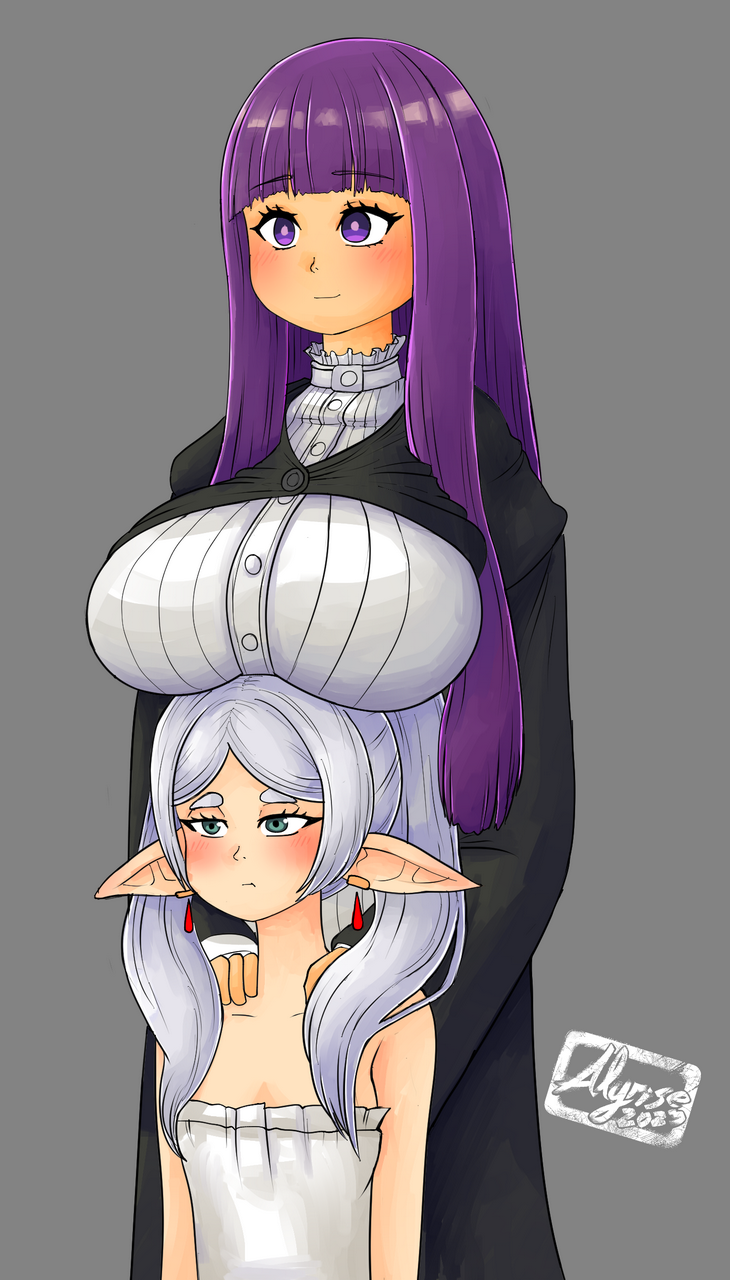 2023 alyrise annoyed big_breasts blue_eyes blush breast_size_difference breasts clothed clothing dress dress_shirt duo ear_piercing elf female fern_(frieren) flat_chested frieren frieren_beyond_journey's_end grey_background hair hand_on_shoulder hi_res human humanoid humanoid_pointy_ears long_hair mammal narrowed_eyes piercing pouting purple_eyes purple_hair robe shirt shoulderless_topwear simple_background size_difference smile topwear white_hair