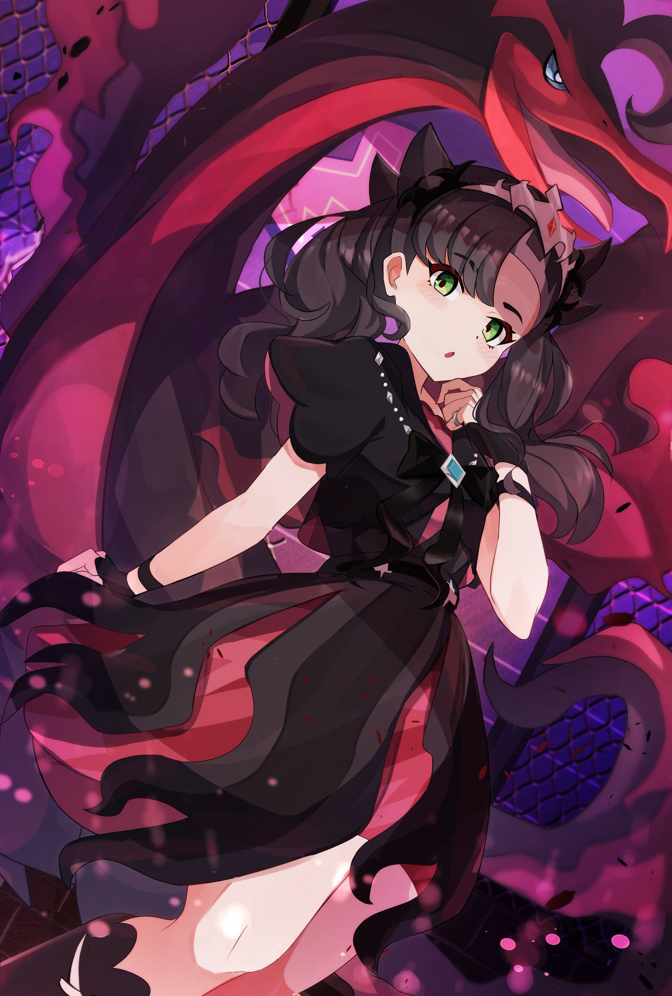 1girl bird black_dress black_hair dress fingerless_gloves galarian_moltres gloves green_eyes highres jewelry looling marnie_(champion)_(pokemon) marnie_(pokemon) open_mouth pokemon pokemon_(creature) pokemon_(game) pokemon_masters_ex pokemon_swsh ring tiara umiru