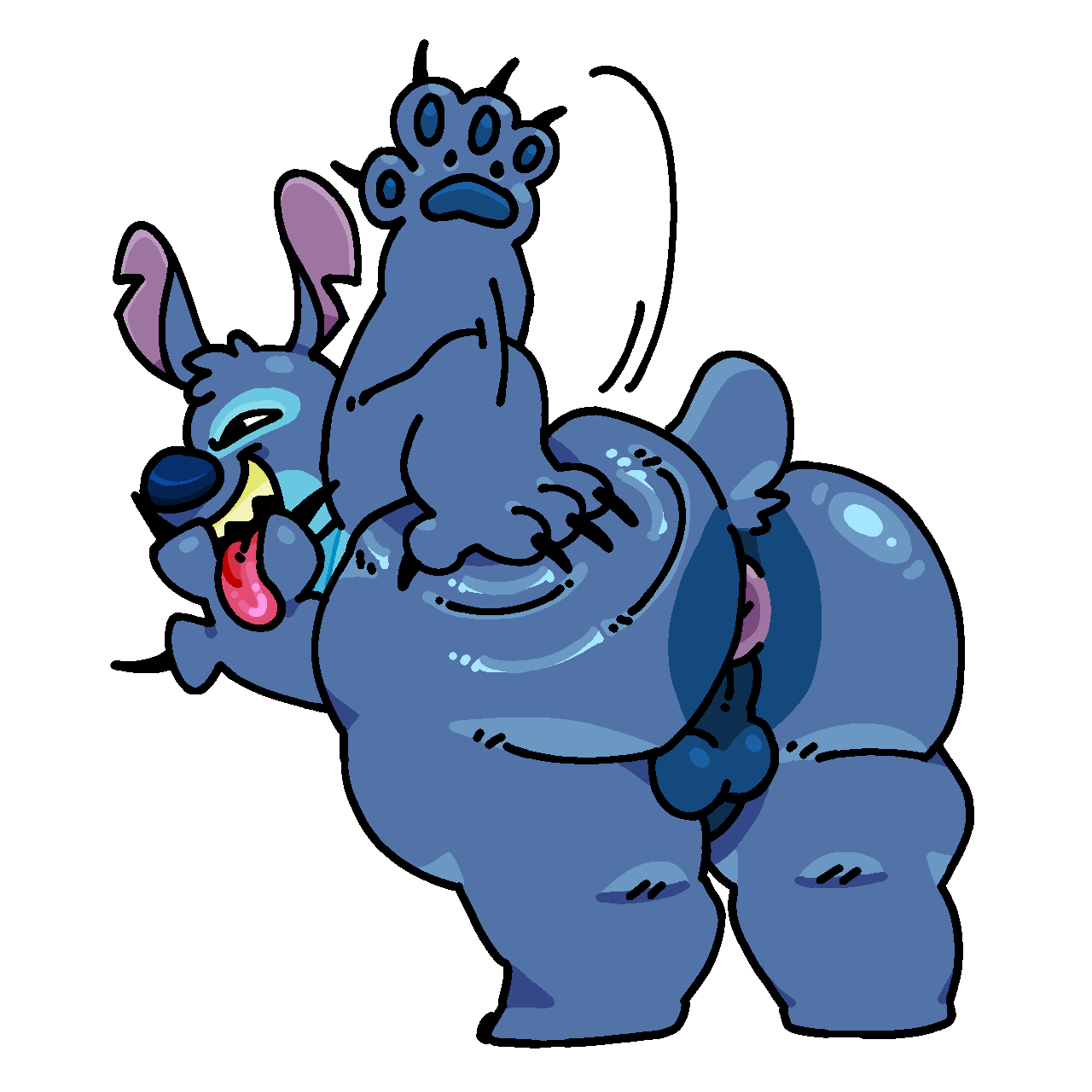 1:1 4_fingers alien antennae_(anatomy) anthro anus balls blue_body blue_fur blue_nose butt butt_slap claws digital_media_(artwork) disney experiment_(lilo_and_stitch) fingers fur galatix genitals head_tuft hi_res lilo_and_stitch looking_at_viewer male notched_ear nude open_mouth overweight penis simple_background slap smile solo stitch_(lilo_and_stitch) thick_thighs tuft