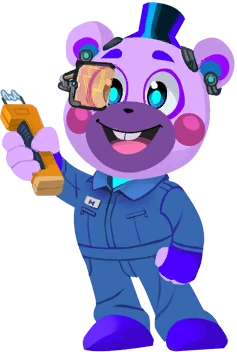 alpha_channel anthro bear blue_clothing blue_eyes buckteeth clothing digital_creature electroshock_weapon five_nights_at_freddy's five_nights_at_freddy's:_security_breach_ruin footwear happy helpi_(fnaf) lineless low_res male mammal official_art pink_body pink_cheeks purple_clothing purple_footwear purple_shoes scottgames shaded shoes simple_shading simple_style solo taser teeth unknown_artist weapon