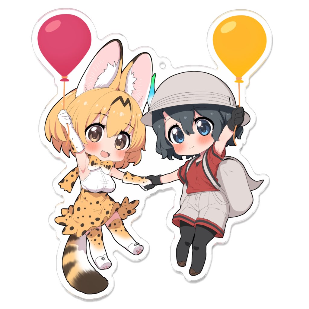 2girls animal_ears balloon black_hair black_pantyhose blue_eyes blush bow bowtie breasts brown_eyes cat_ears cat_girl cat_tail closed_mouth fang hat holding holding_balloon kaban_(kemono_friends) kemono_friends large_breasts looking_at_viewer multiple_girls open_mouth pantyhose ransusan serval_(kemono_friends) short_hair shorts simple_background small_breasts smile tail thighhighs